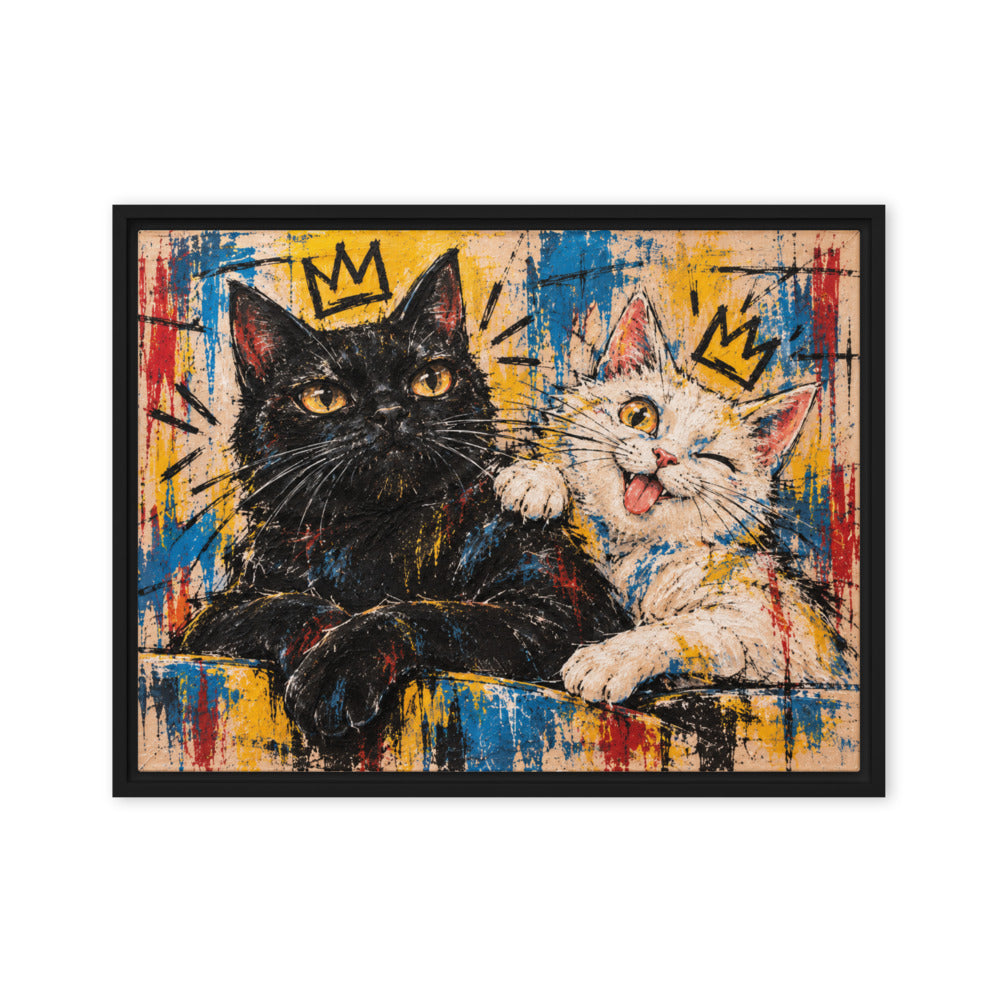 Basquiat portrait of 2 cats, canvas print in a black floating frame