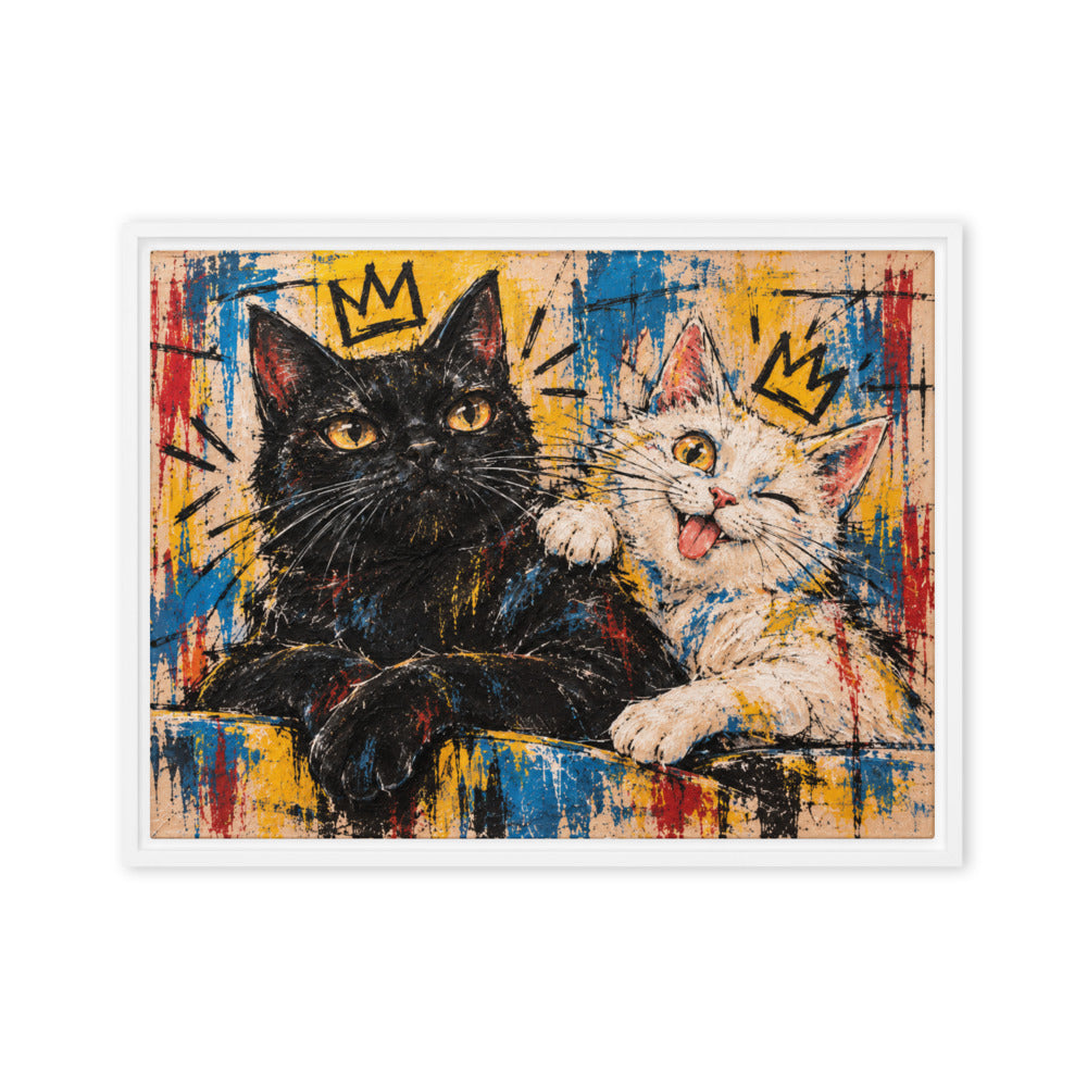 Basquiat portrait of 2 cats, canvas print in a white floating frame