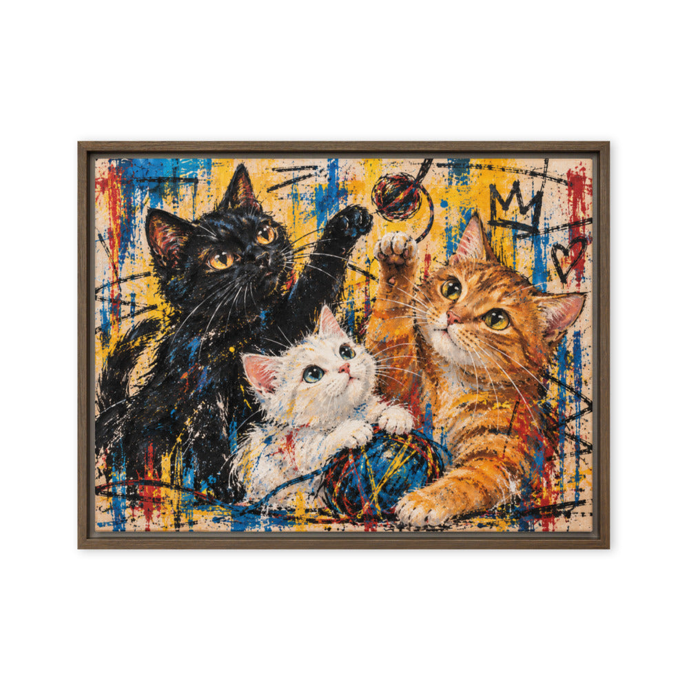 Basquiat portrait of 3 cats, canvas print in a brown floating frame