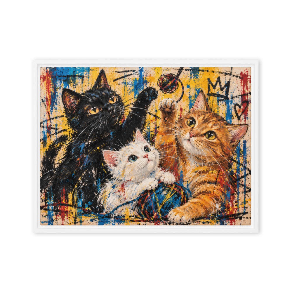 Basquiat portrait of 3 cats, canvas print in a white floating frame