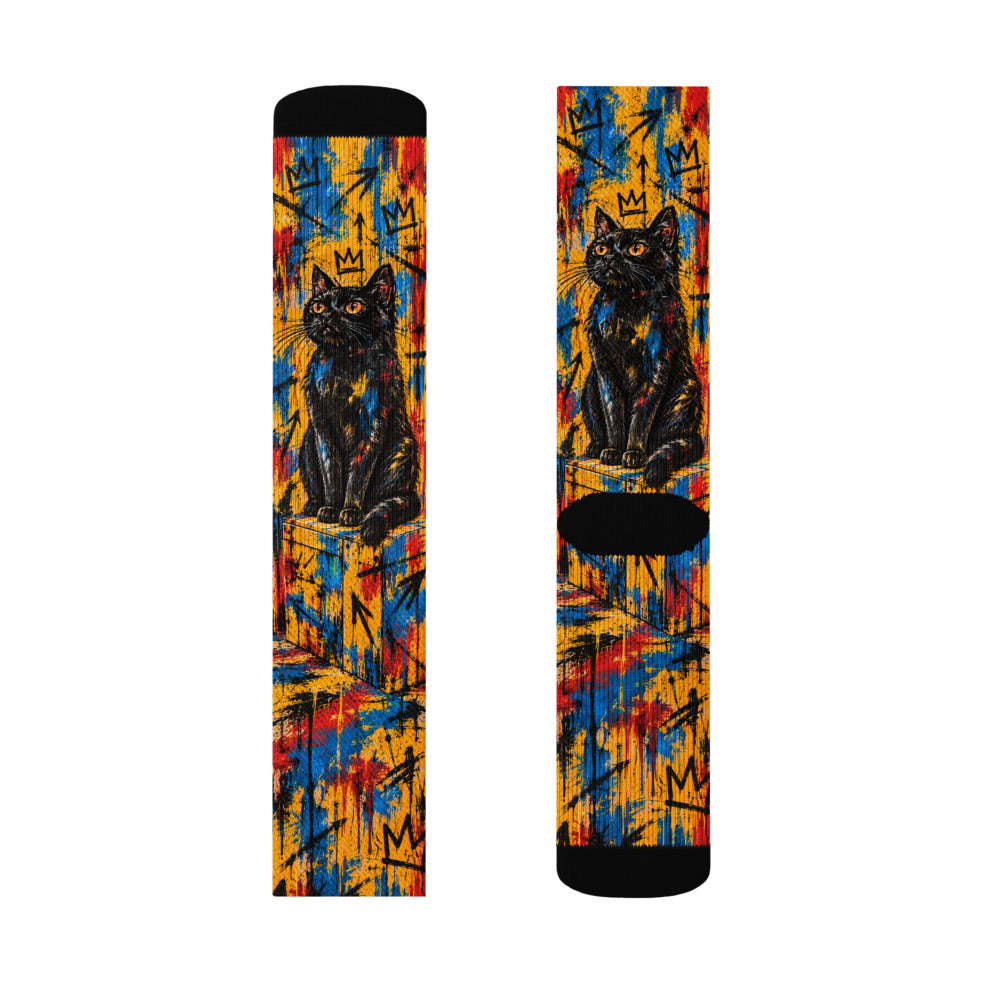 Custom cat portrait socks in the Basquiat style