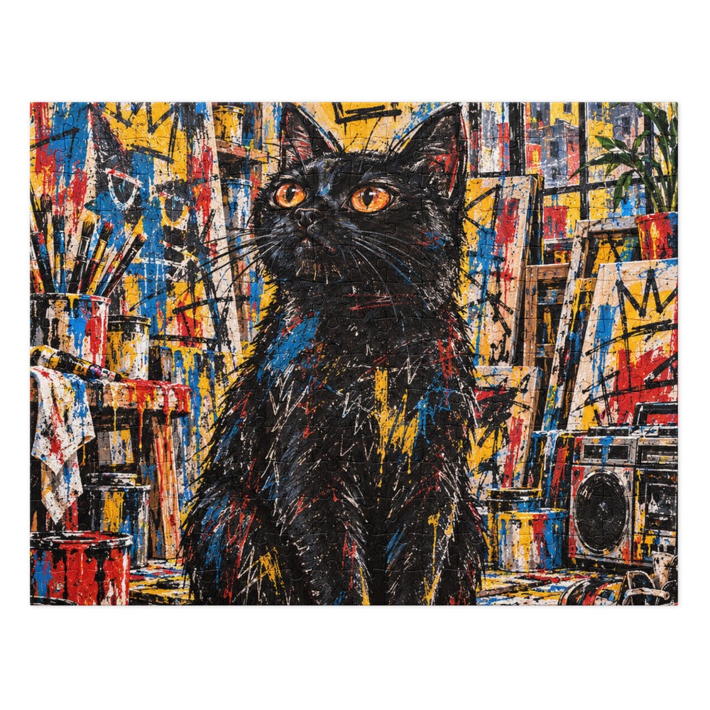 Custom cat portrait jigsaw puzzle in the Basquiat style