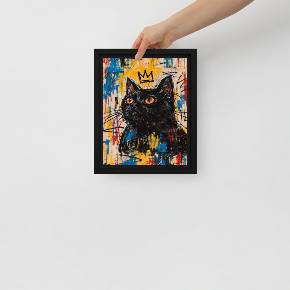 Basquiat cat portrait canvas print, 8 x 10 in, in a black floating frame