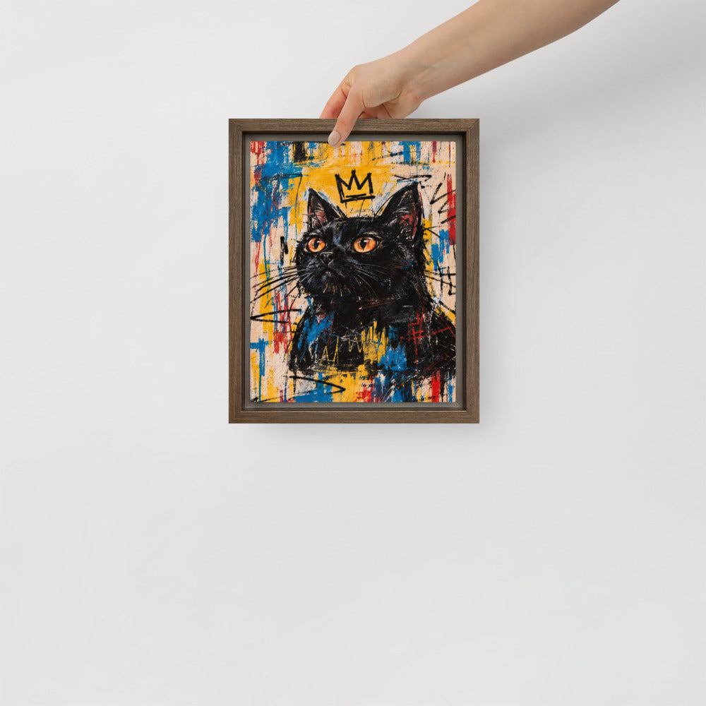 Basquiat cat portrait canvas print, 8 x 10 in, in a brown floating frame