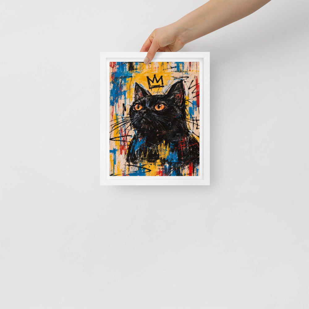 Basquiat cat portrait canvas print, 8 x 10 in, in a white floating frame