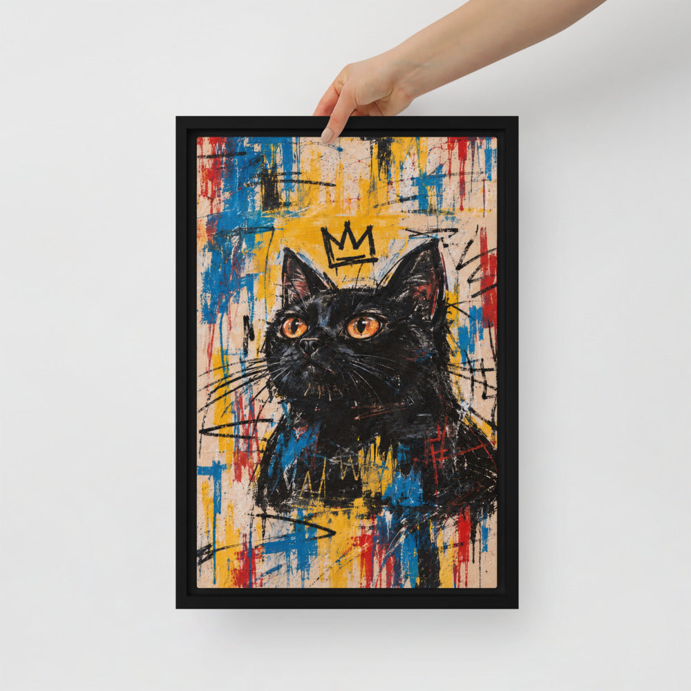 Basquiat cat portrait canvas print, 12 x 18 in, in a black floating frame