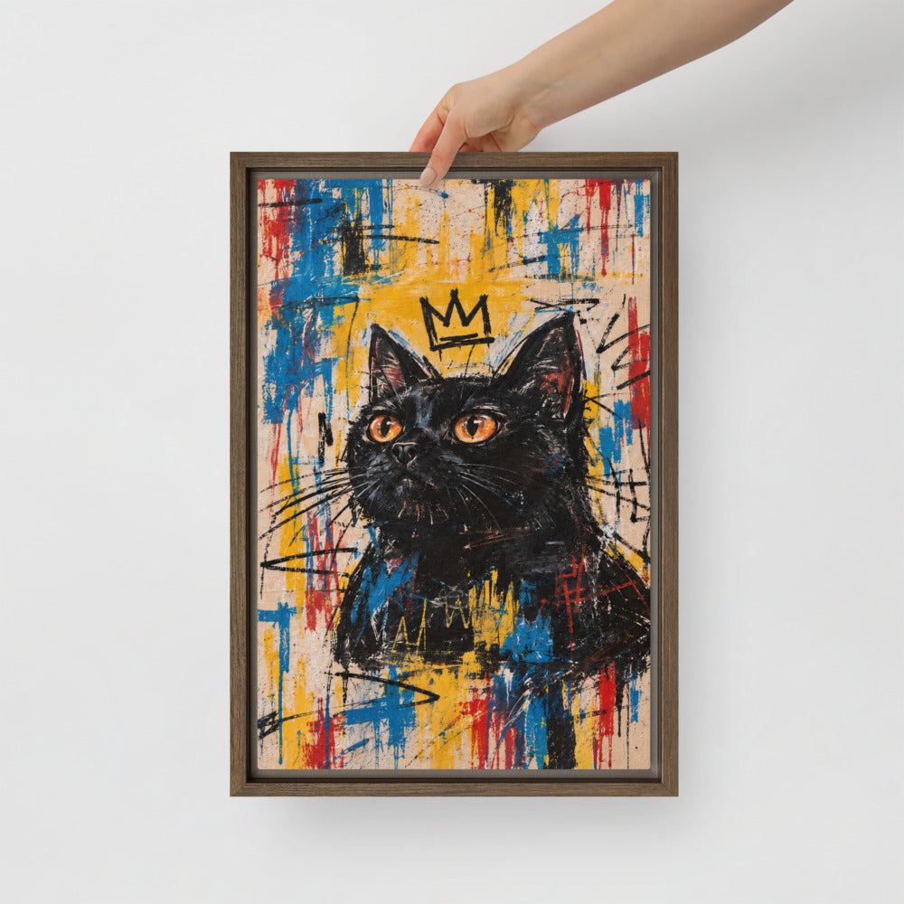 Basquiat cat portrait canvas print, 12 x 18 in, in a brown floating frame