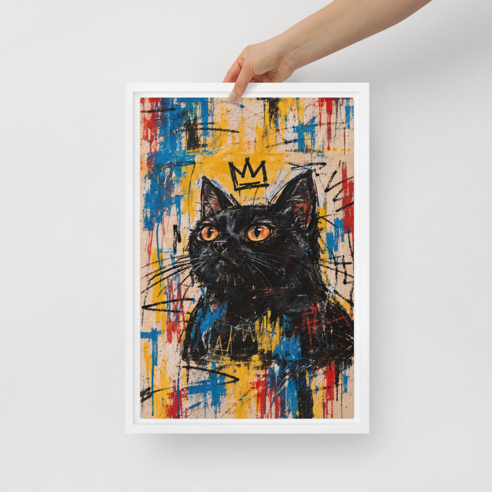 Basquiat cat portrait canvas print, 12 x 18 in, in a white floating frame