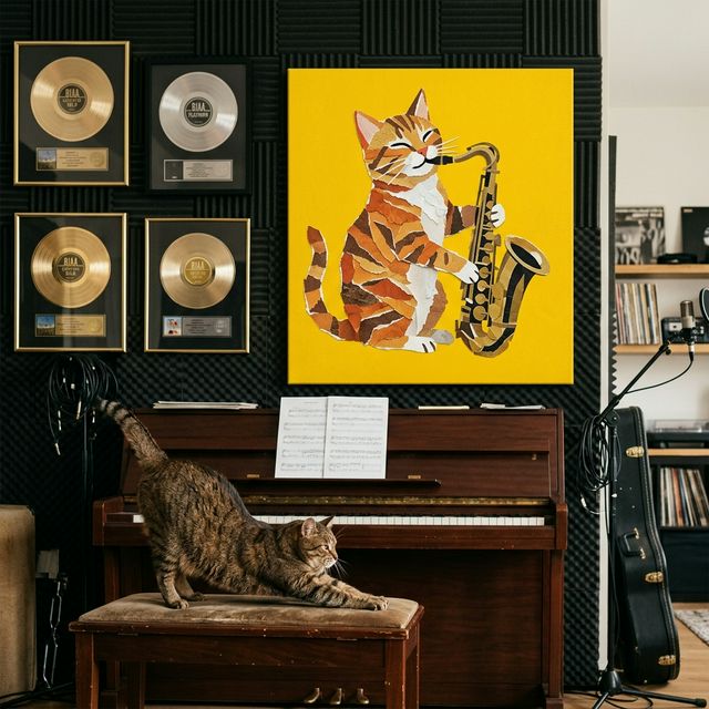 Paper Cut Block Canvas room mockup; custom cat portrait canvas from photo in the Paper Cut Block style; black cat; proof before print.