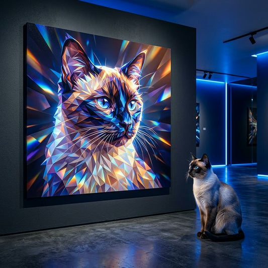 Crystal Shard Canvas room mockup; custom cat portrait canvas from photo in the Crystal Shard style; pointed cat; proof before print.