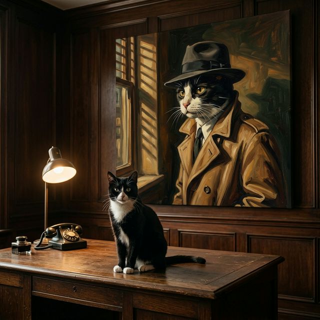 The Noir Detective Canvas room mockup; custom cat portrait canvas from photo in the The Noir Detective style; detective-themed; tuxedo cat; proof before print.