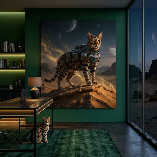 Desert Warrior Canvas room mockup; custom cat portrait canvas from photo in the Desert Warrior style; flight-themed; spotted tabby-like cat; proof before print.