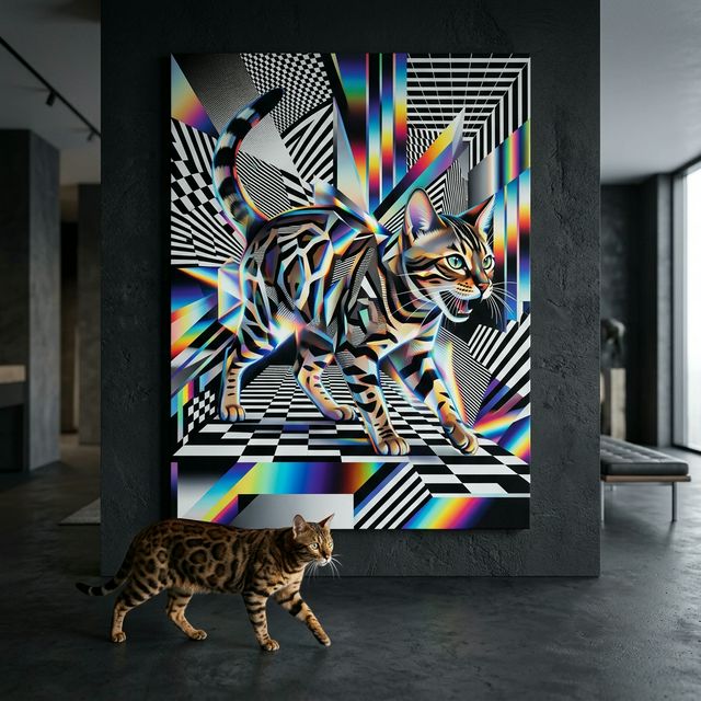 Neon Tech Pop Canvas room mockup; custom cat portrait canvas from photo in the Neon Tech Pop style; spotted tabby-like cat; proof before print.