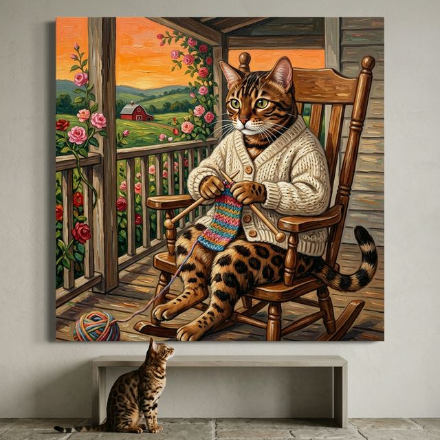 Cozy Kitchen Folk Canvas room mockup; custom cat portrait canvas from photo in the Cozy Kitchen Folk style; kitchen-themed; spotted tabby-like cat; proof before print.