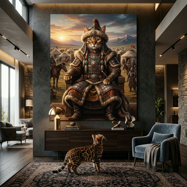 The Sovereign Canvas room mockup; custom cat portrait canvas from photo in the The Sovereign style; spotted tabby-like cat; proof before print.