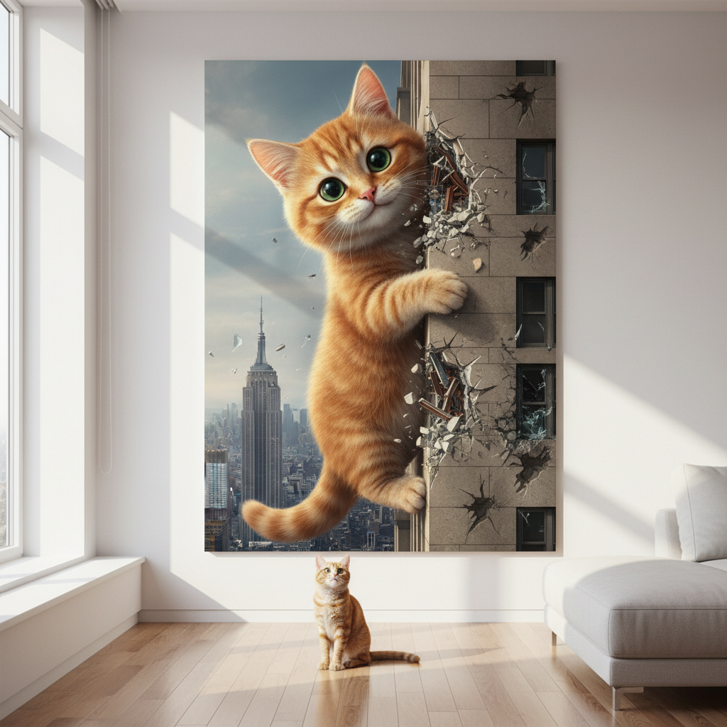 Colossal Cityscape Cat Canvas room mockup; custom cat portrait canvas from photo in the Colossal Cityscape Cat style; orange tabby cat; proof before print.