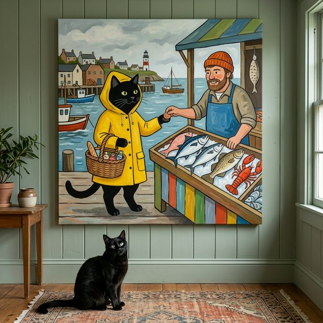 Cozy Kitchen Folk Canvas room mockup; custom cat portrait canvas from photo in the Cozy Kitchen Folk style; kitchen-themed; black cat; proof before print.