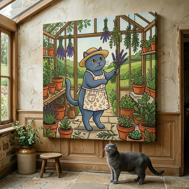 Cozy Kitchen Folk Canvas room mockup; custom cat portrait canvas from photo in the Cozy Kitchen Folk style; kitchen-themed; gray cat; proof before print.