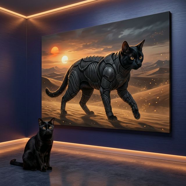 Desert Warrior Canvas room mockup; custom cat portrait canvas from photo in the Desert Warrior style; black cat; proof before print.