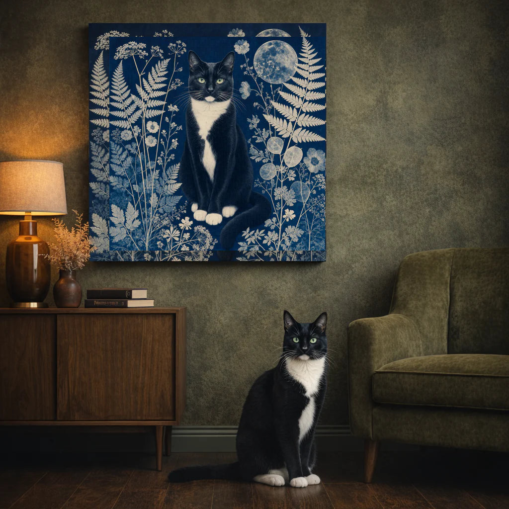 Botanical Cyanotype Cat Canvas room mockup; custom cat portrait canvas from photo in the Botanical Cyanotype Cat style; tuxedo cat; proof before print.