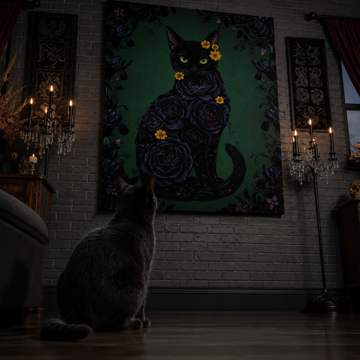 Botanical Muse Canvas room mockup; custom cat portrait canvas from photo in the Botanical Muse style; black cat; proof before print.