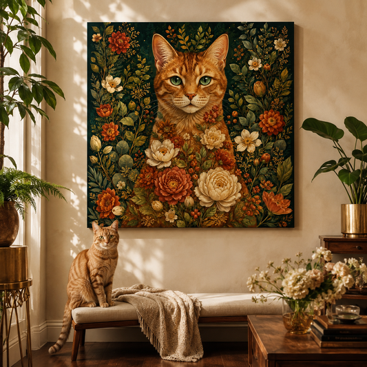 Botanical Muse Canvas room mockup; custom cat portrait canvas from photo in the Botanical Muse style; orange tabby cat; approved proof before print.