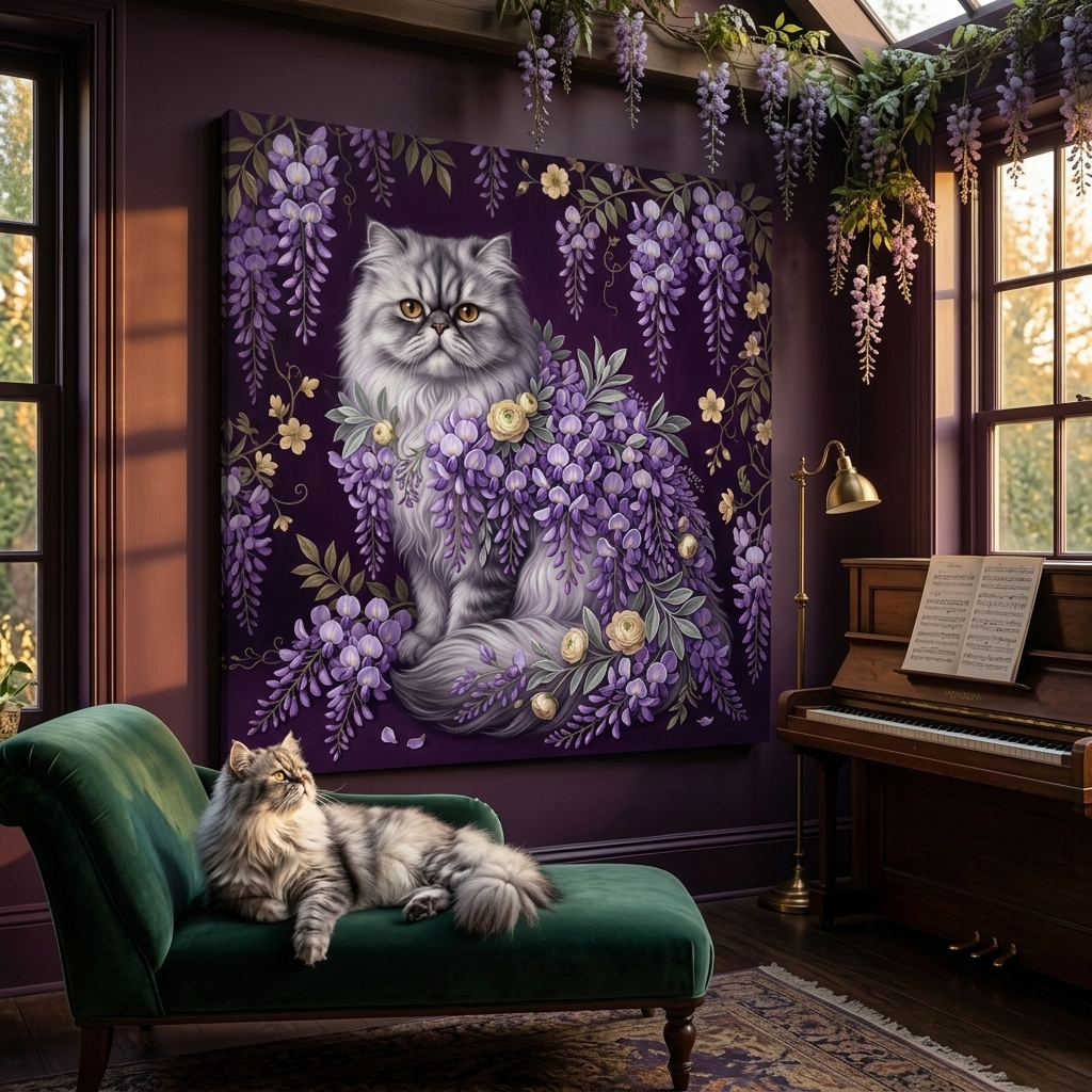 Botanical Muse Canvas room mockup; custom cat portrait canvas from photo in the Botanical Muse style; longhair cat; proof before print.