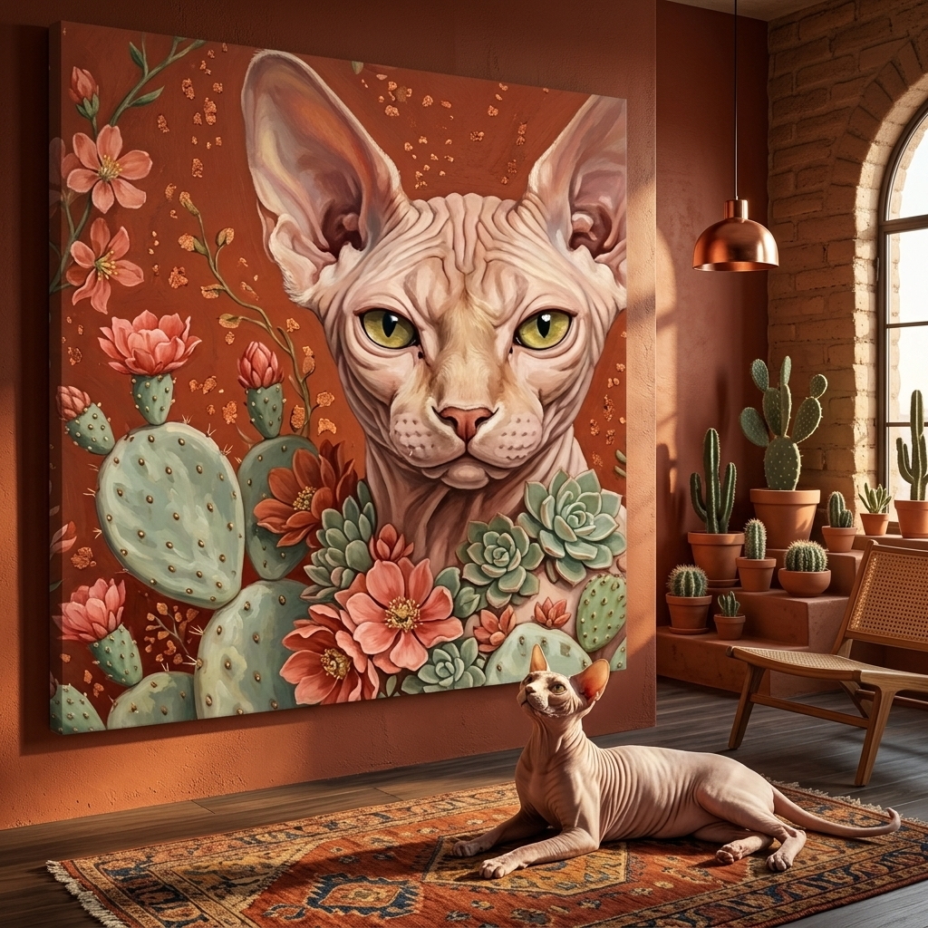 Botanical Muse Canvas room mockup; custom cat portrait canvas from photo in the Botanical Muse style; broadcast-themed; hairless cat; proof before print.