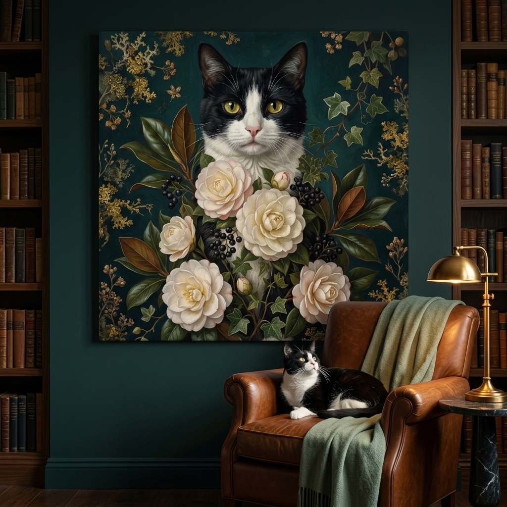 Botanical Muse Canvas room mockup; custom cat portrait canvas from photo in the Botanical Muse style; tuxedo cat; proof before print.