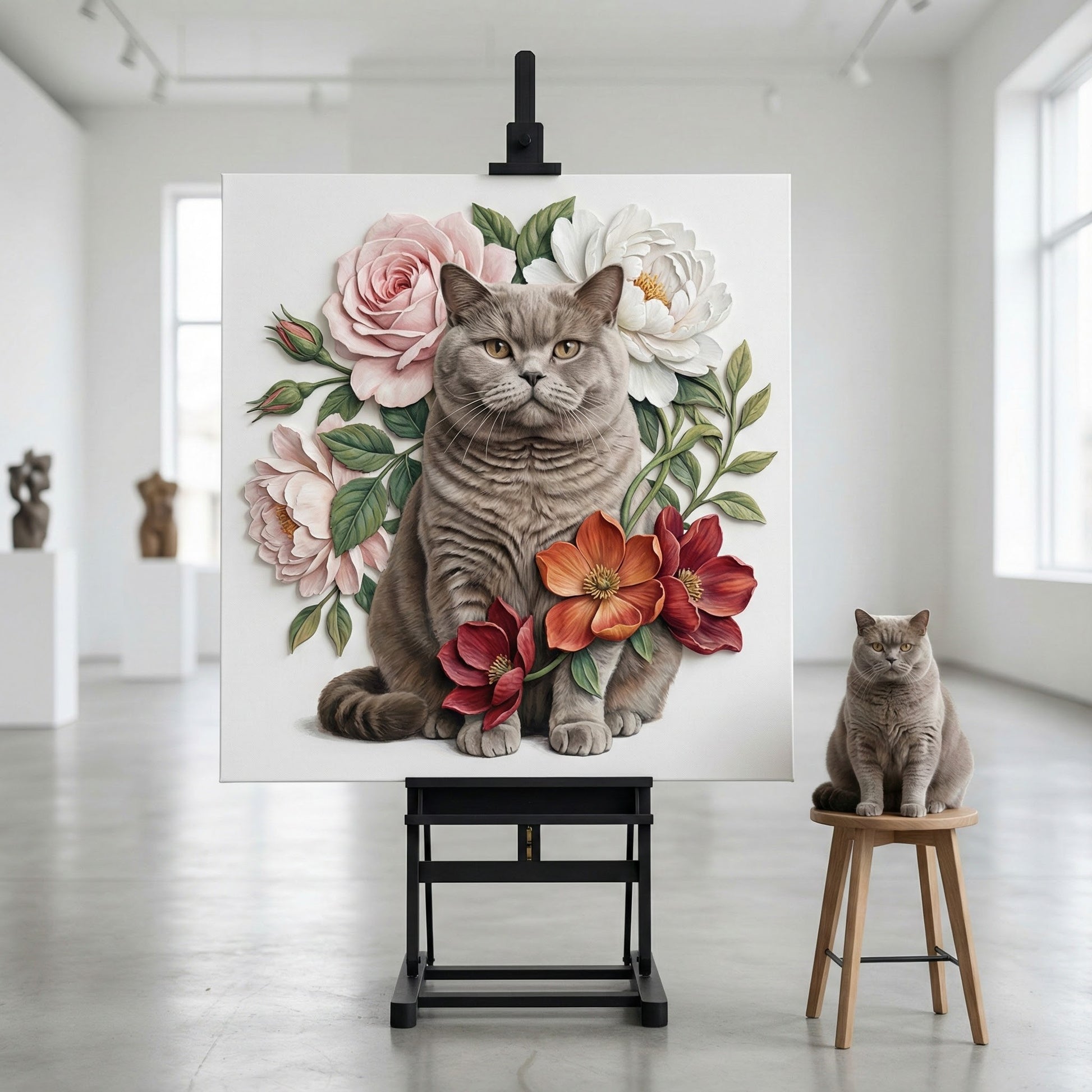 Floral Portrait Cat Canvas room mockup; custom cat portrait canvas from photo in the Floral Portrait Cat style; gray cat; proof before print.