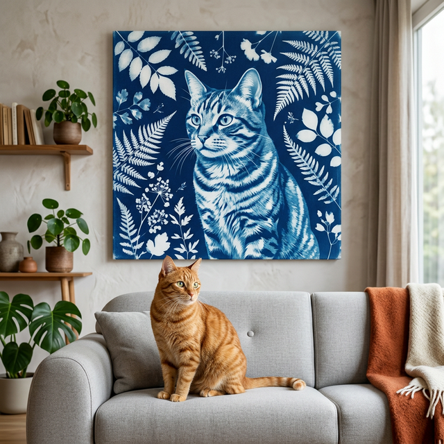 Botanical Cyanotype Cat Canvas room mockup; custom cat portrait canvas from photo in the Botanical Cyanotype Cat style; nature-themed; orange tabby cat; proof before print.