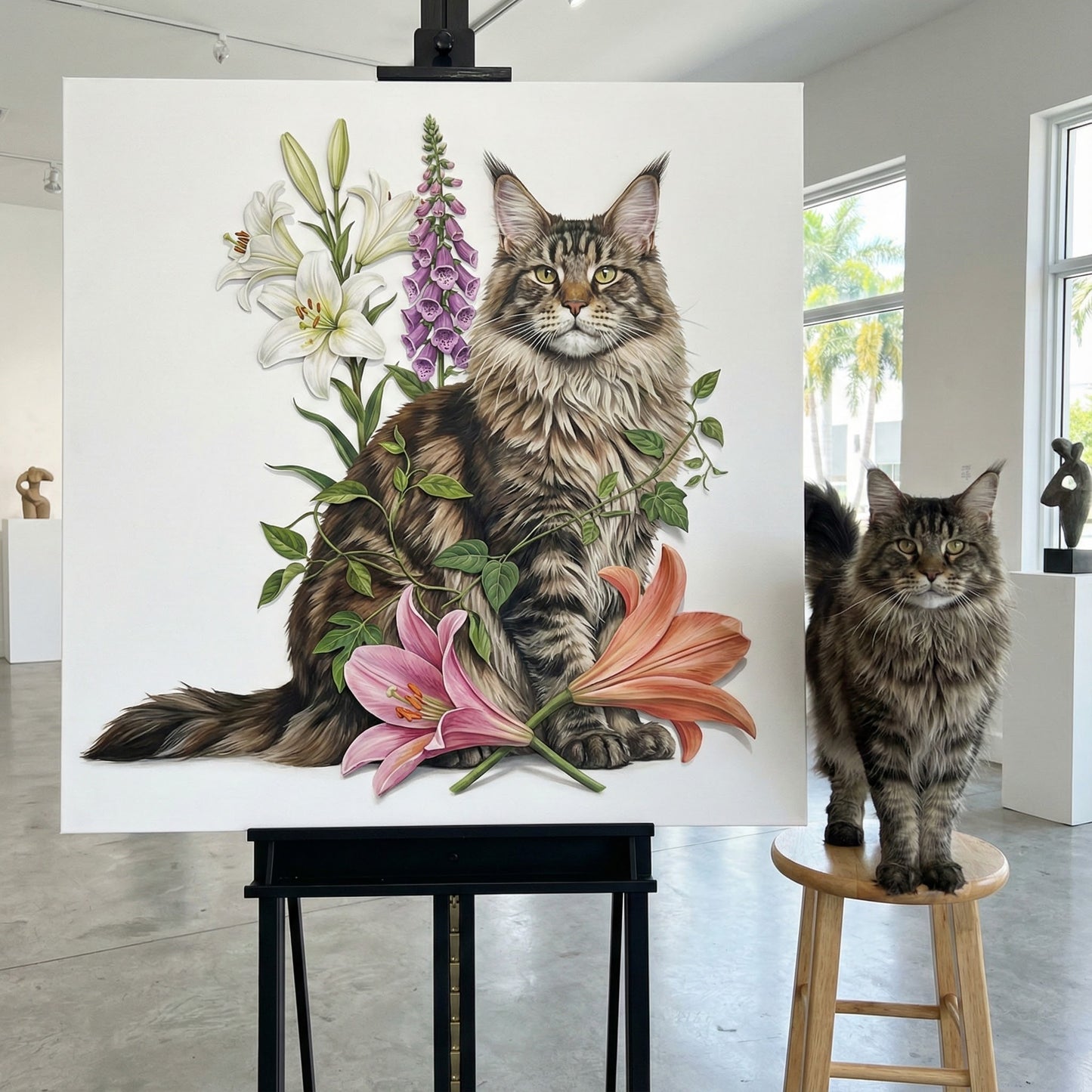 Floral Portrait Cat Canvas room mockup; custom cat portrait canvas from photo in the Floral Portrait Cat style; longhair cat; proof before print.
