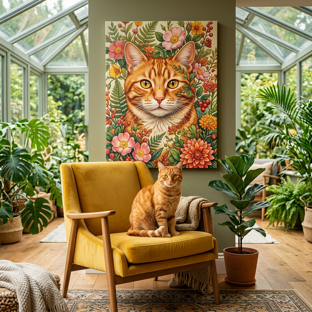Botanical Muse Canvas room mockup; custom cat portrait canvas from photo in the Botanical Muse style; orange tabby cat; proof before print.