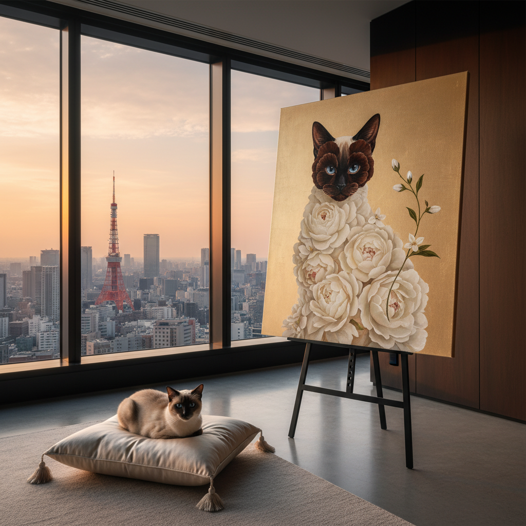 Botanical Muse Canvas room mockup; custom cat portrait canvas from photo in the Botanical Muse style; pointed cat; proof before print.