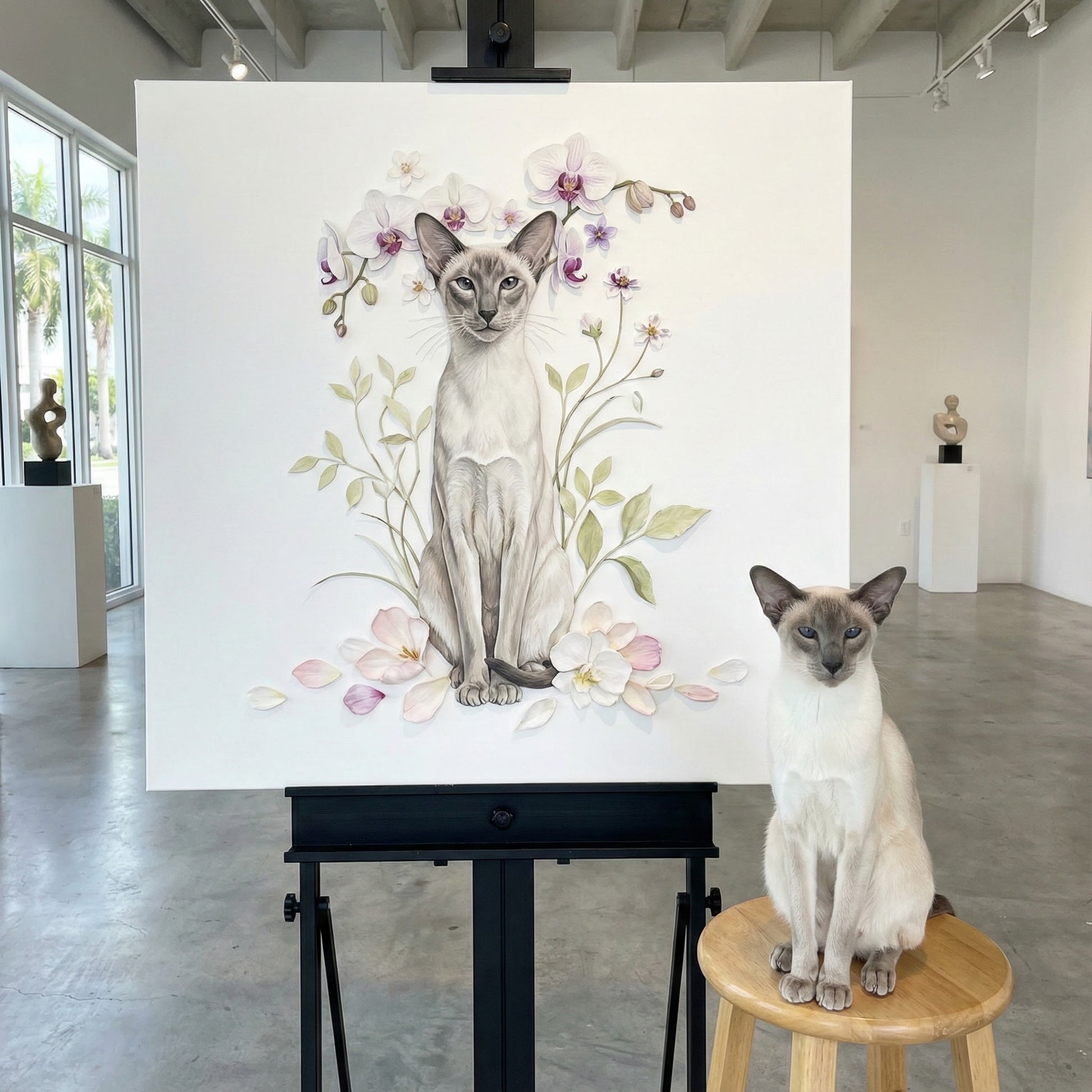 Floral Portrait Cat Canvas room mockup; custom cat portrait canvas from photo in the Floral Portrait Cat style; pointed cat; proof before print.