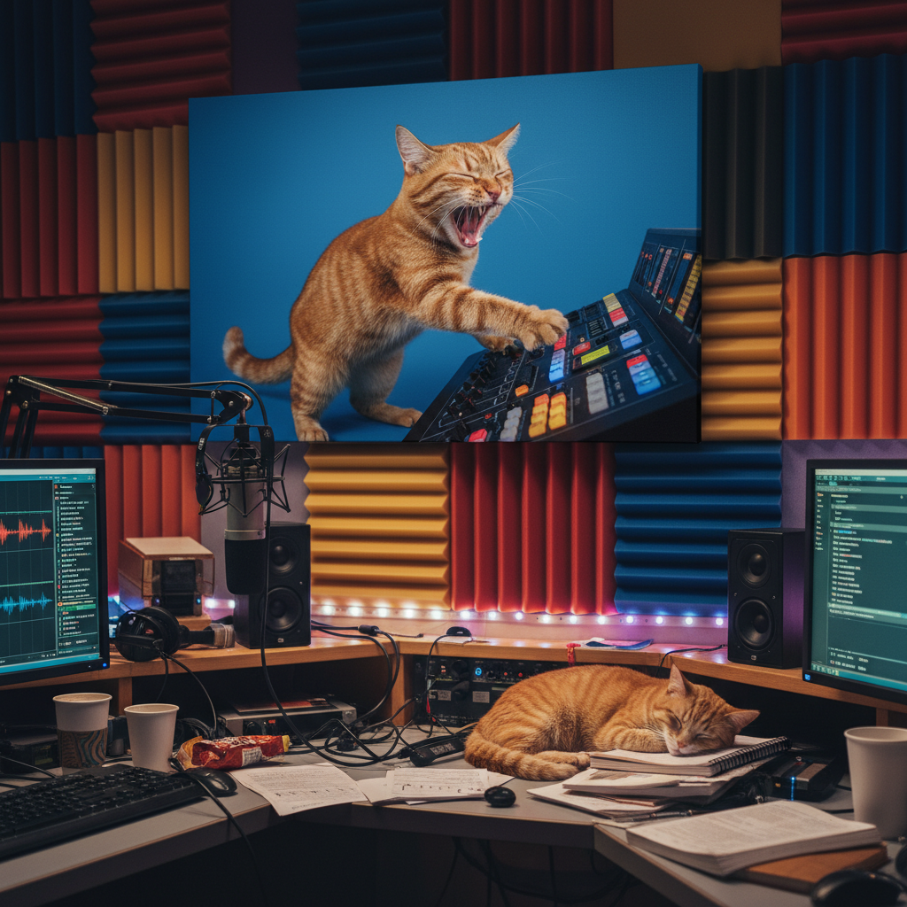 Broadcast Breakdown Canvas room mockup; custom cat portrait canvas from photo in the Broadcast Breakdown style; broadcast-themed; orange tabby cat; proof before print.