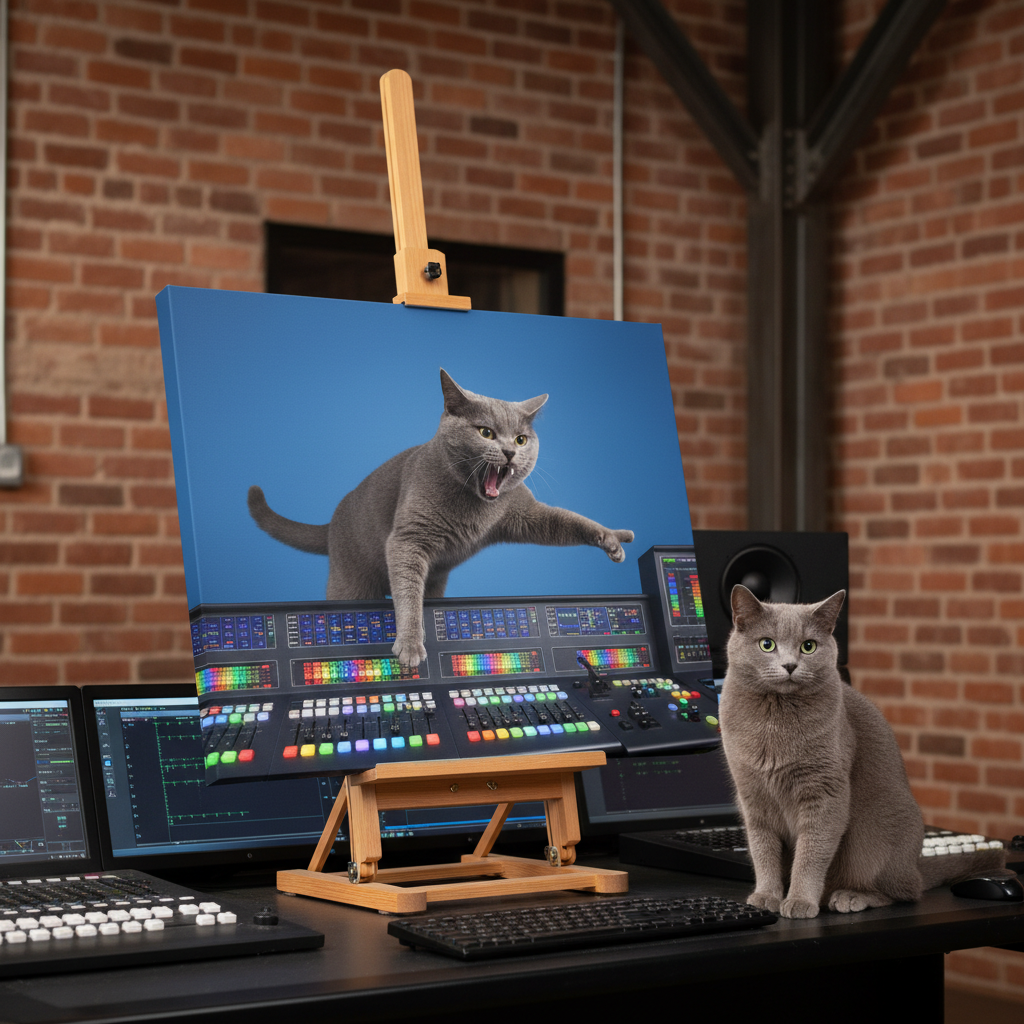 Broadcast Breakdown Canvas room mockup; custom cat portrait canvas from photo in the Broadcast Breakdown style; broadcast-themed; gray cat; proof before print.