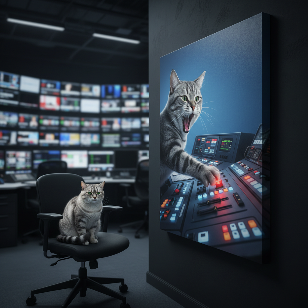 Broadcast Breakdown Canvas room mockup; custom cat portrait canvas from photo in the Broadcast Breakdown style; broadcast-themed; gray cat; proof before print.