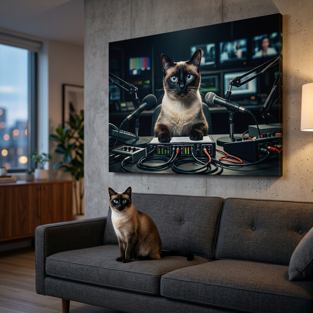 Broadcast Breakdown Canvas room mockup; custom cat portrait canvas from photo in the Broadcast Breakdown style; broadcast-themed; pointed cat; proof before print.