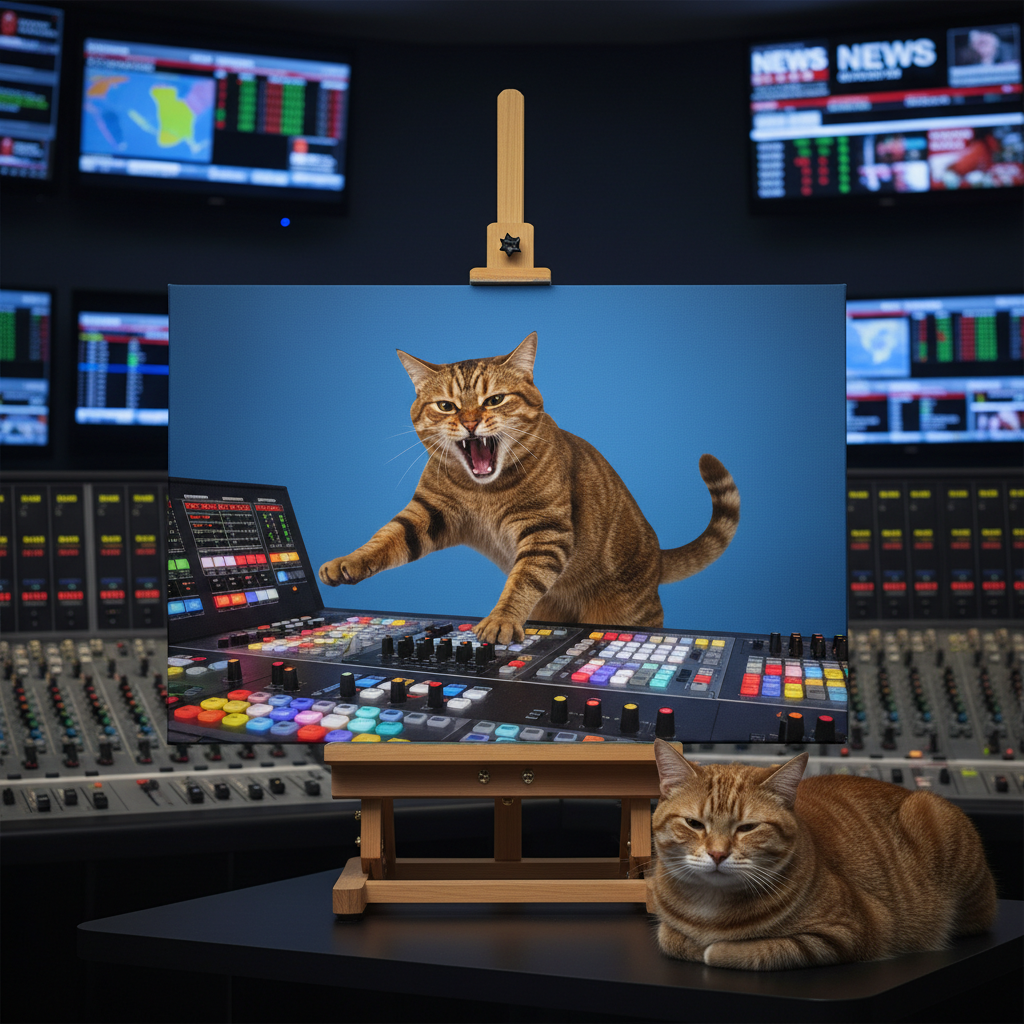 Broadcast Breakdown Canvas room mockup; custom cat portrait canvas from photo in the Broadcast Breakdown style; broadcast-themed; orange tabby cat; proof before print.