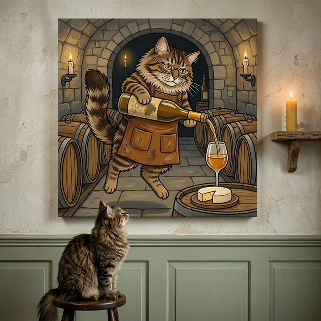 Cozy Kitchen Folk Canvas room mockup; custom cat portrait canvas from photo in the Cozy Kitchen Folk style; kitchen-themed; longhair cat; proof before print.