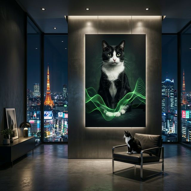 Emerald Signal Canvas room mockup; custom cat portrait canvas from photo in the Emerald Signal style; tuxedo cat; proof before print.