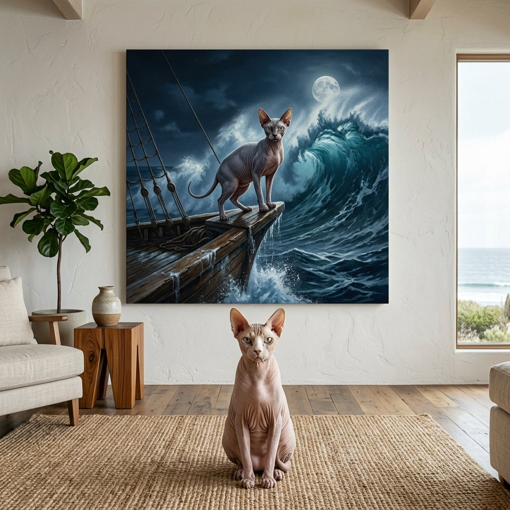 Open Water Canvas room mockup; custom cat portrait canvas from photo in the Open Water style; hairless cat; proof before print.