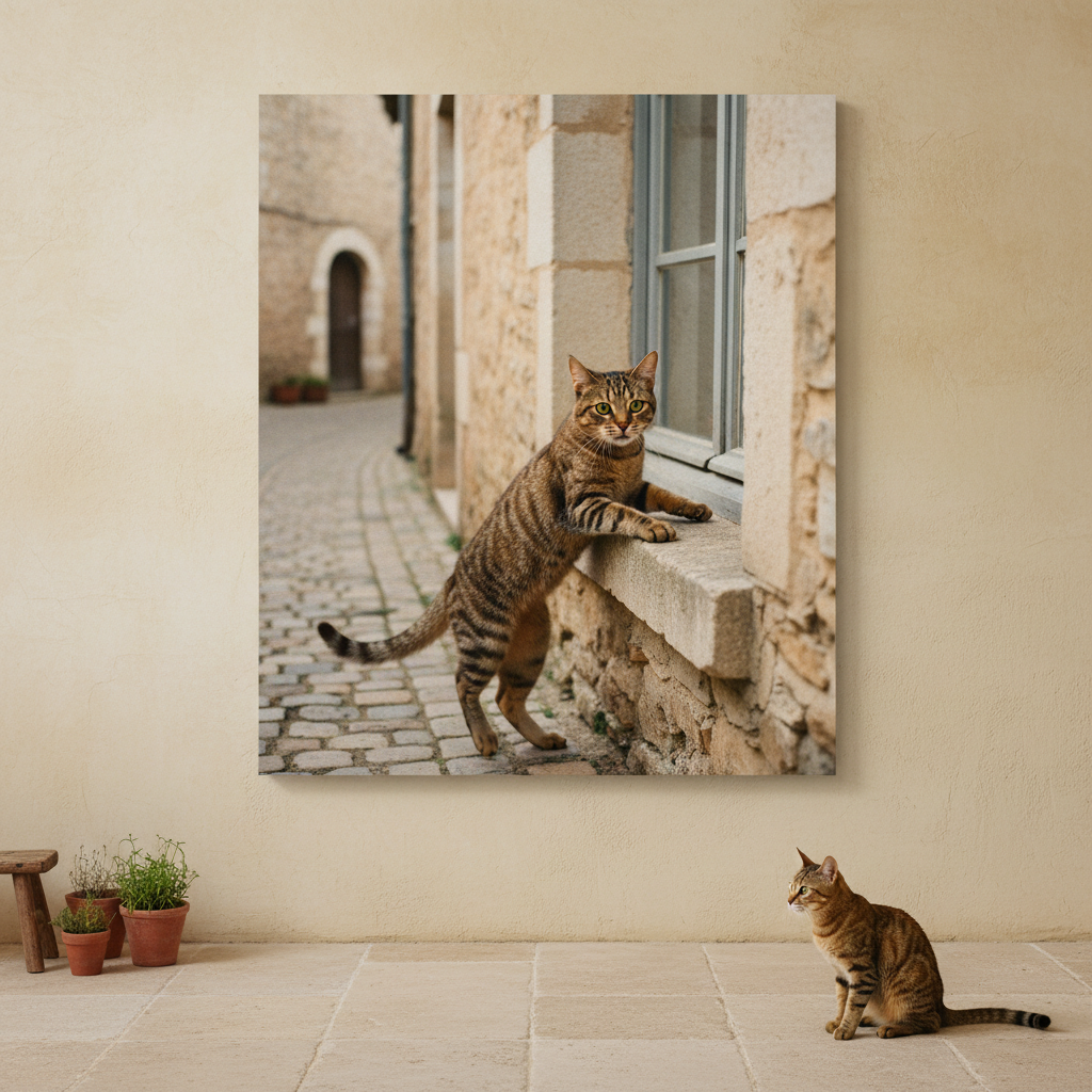 Rural Stone Canvas room mockup; custom cat portrait canvas from photo in the Rural Stone style; tabby cat; proof before print.