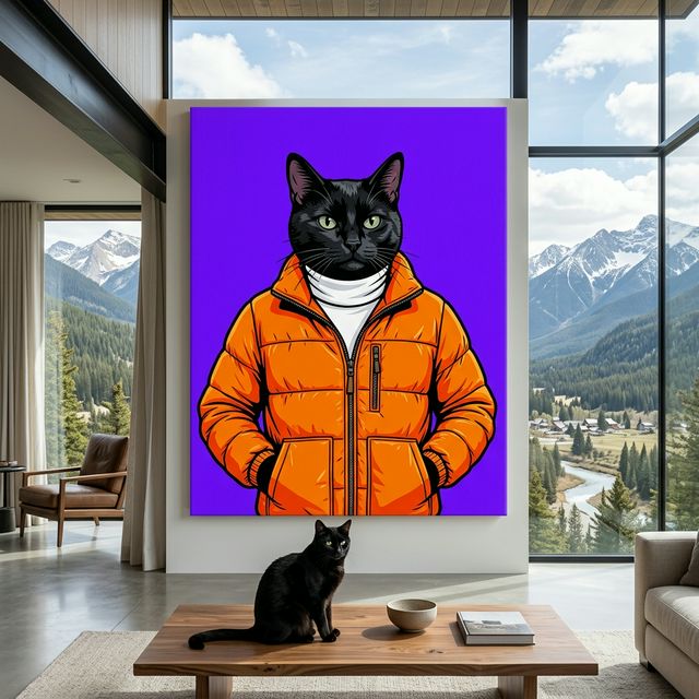 Retro Pop Street Canvas room mockup; custom cat portrait canvas from photo in the Retro Pop Street style; tuxedo cat; proof before print.