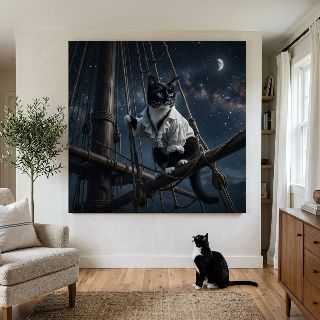 Open Water Canvas room mockup; custom cat portrait canvas from photo in the Open Water style; tuxedo cat; proof before print.