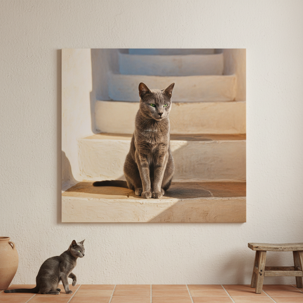 Rural Stone Canvas room mockup; custom cat portrait canvas from photo in the Rural Stone style; gray cat; proof before print.