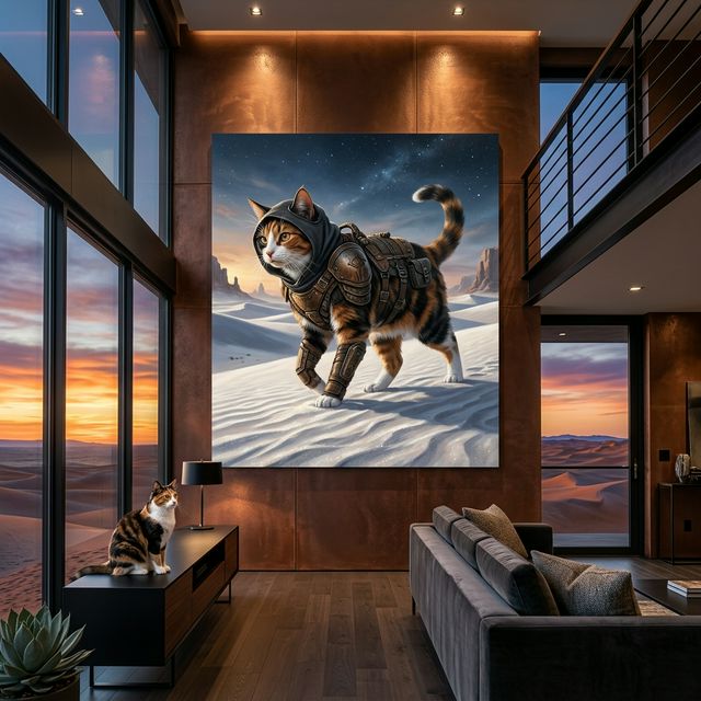 Desert Warrior Canvas room mockup; custom cat portrait canvas from photo in the Desert Warrior style; calico cat; proof before print.