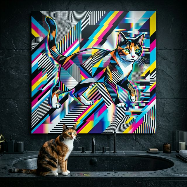 Neon Tech Pop Canvas room mockup; custom cat portrait canvas from photo in the Neon Tech Pop style; calico cat; proof before print.