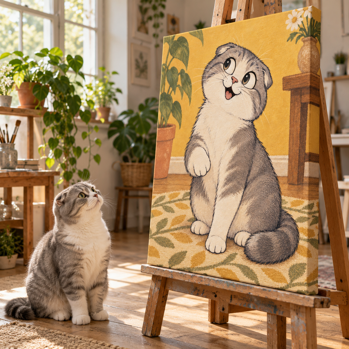 Scottish Fold cat beside its cartoon style canvas portrait